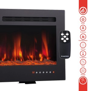 Kaminio Elektrokamin Marlon mit 3D-Flammeneffekt und Fernbedienung, schwarzer Rahmen.
