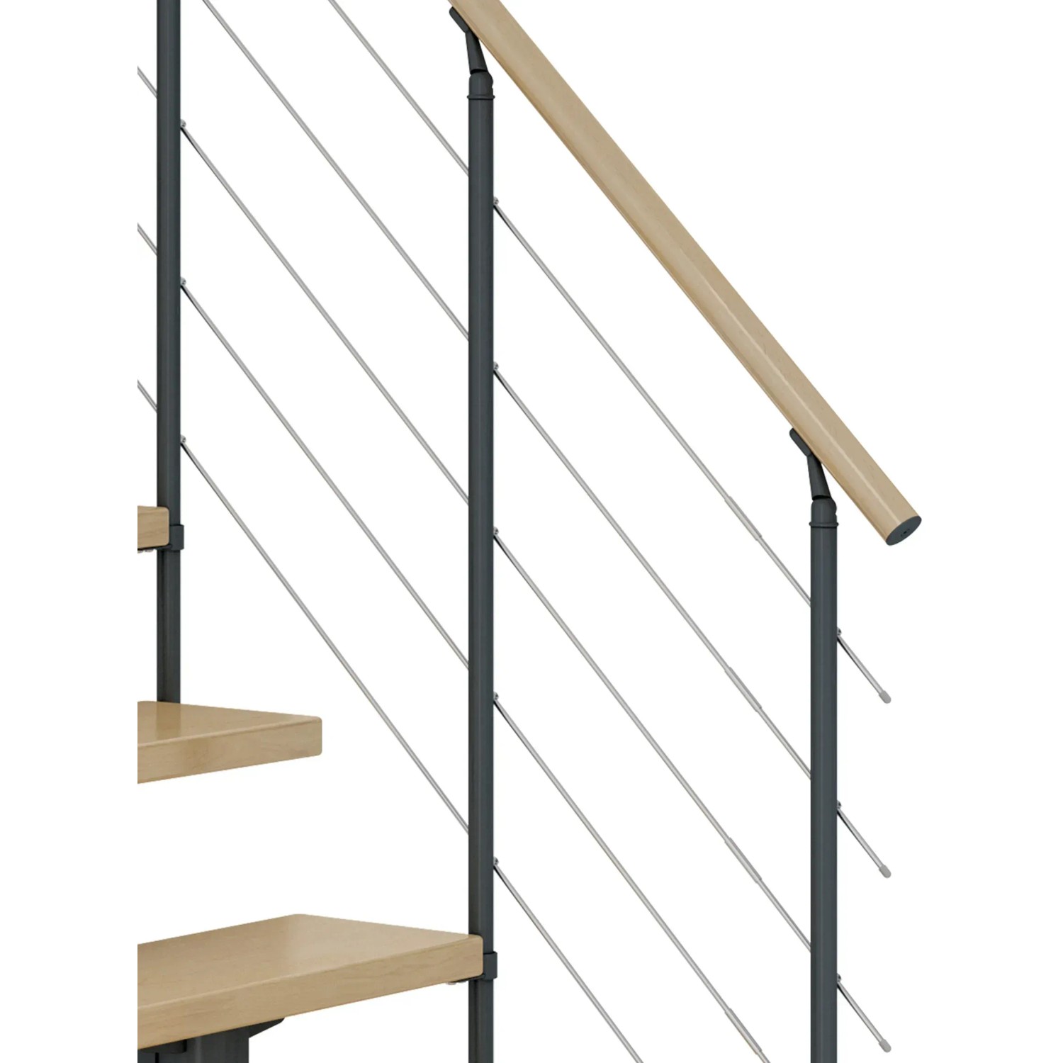 Dolle Mittelholmtreppe Cork, Ahorn/Anthrazit, mit Edelstahlgeländer.