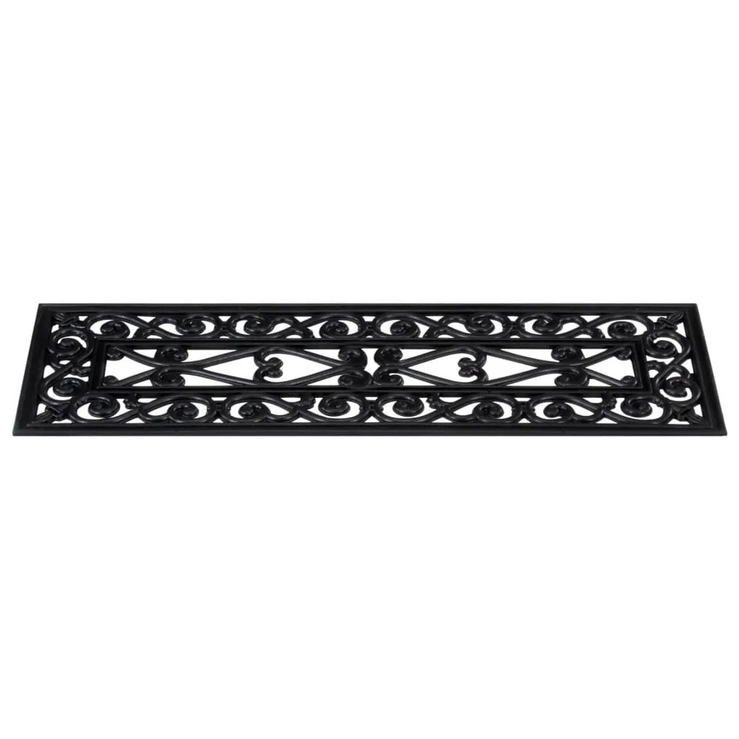Schwarze Gummi Stufenmatte 25x75 cm mit elegantem Vintage-Muster in Schmiedeeisen-Optik. Rutschfest für Treppen.