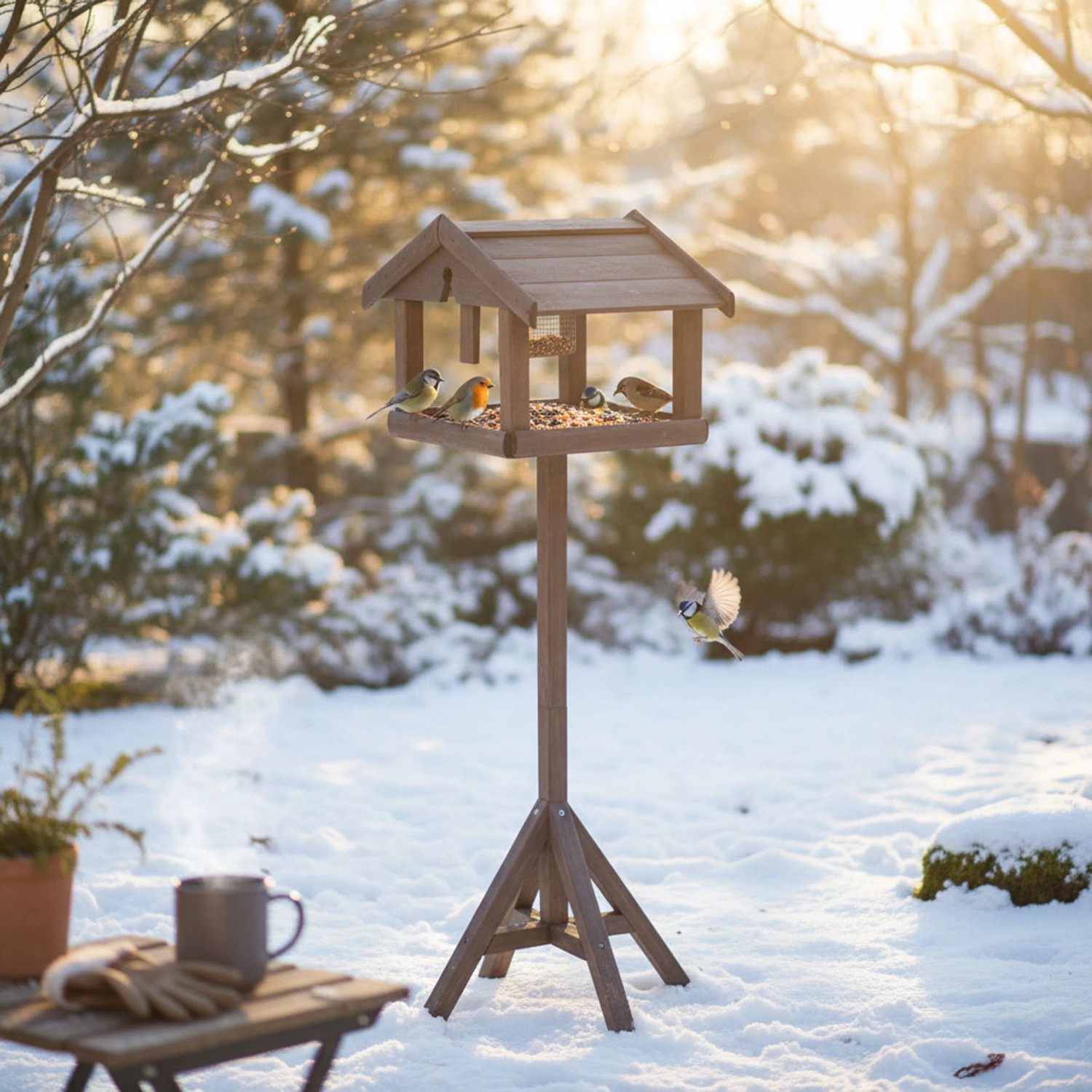 Braunes Relaxdays Vogelfutterhaus mit Ständer im winterlichen Garten mit Vögeln.