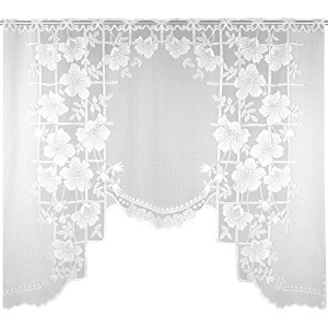 Weiße Bistrogardine mit Blumenstickerei und Stangendurchzug für Fenster, 150x120 cm.