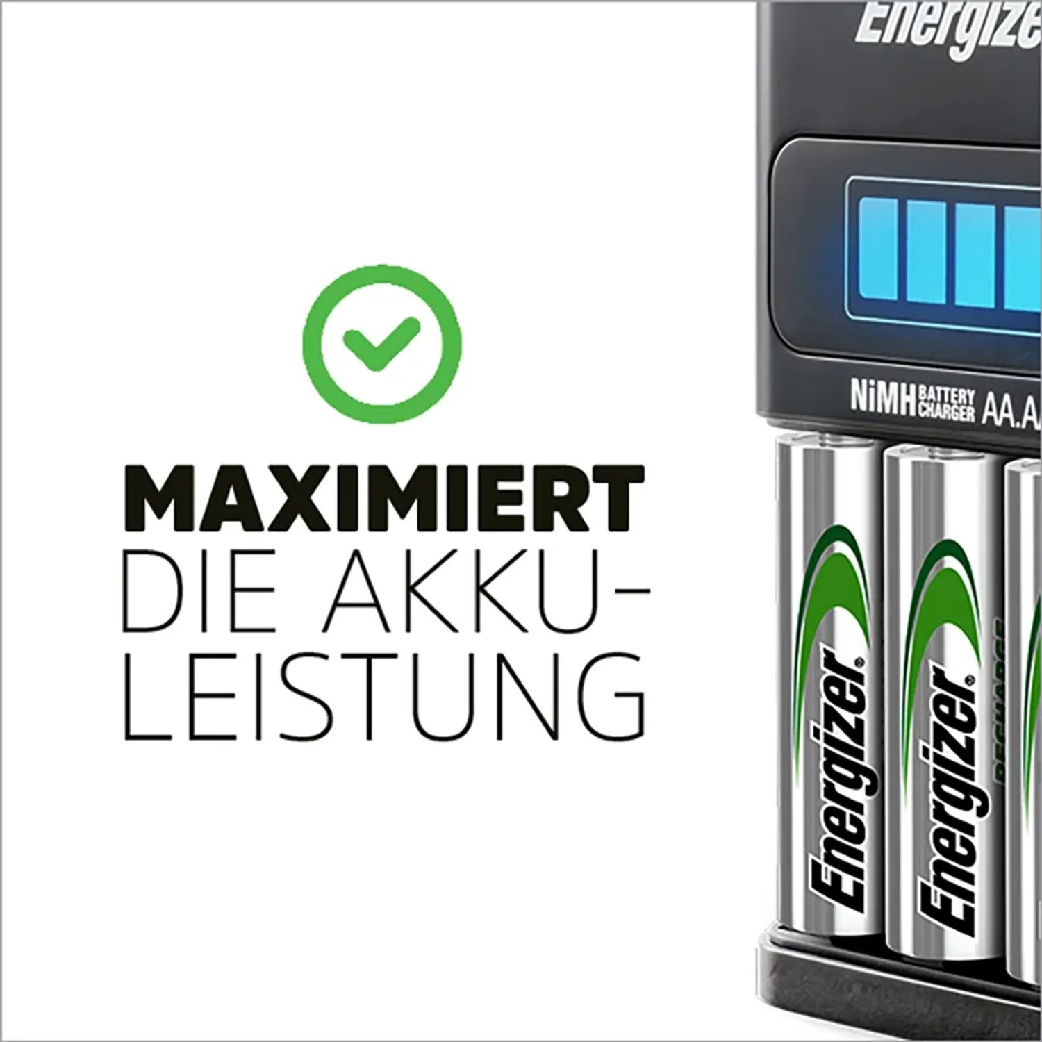 Energizer Schnell-Ladegerät mit Akkus. Ladegerät mit LED-Anzeige und vier AA-Akkus.