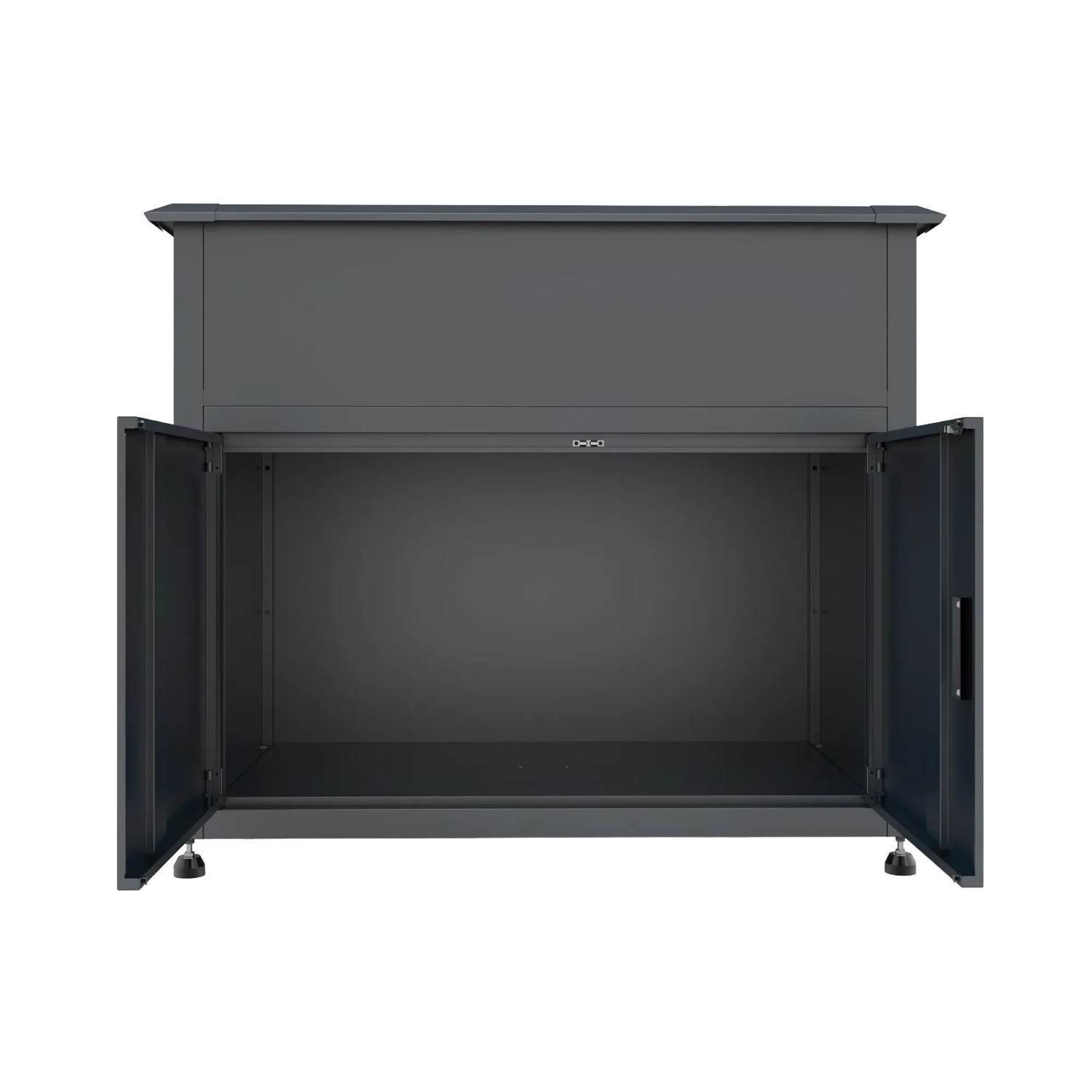 Offenes Westmann Metall-Hochbeet Plexa in Anthrazit mit Stauraum unter der Pflanzfläche.