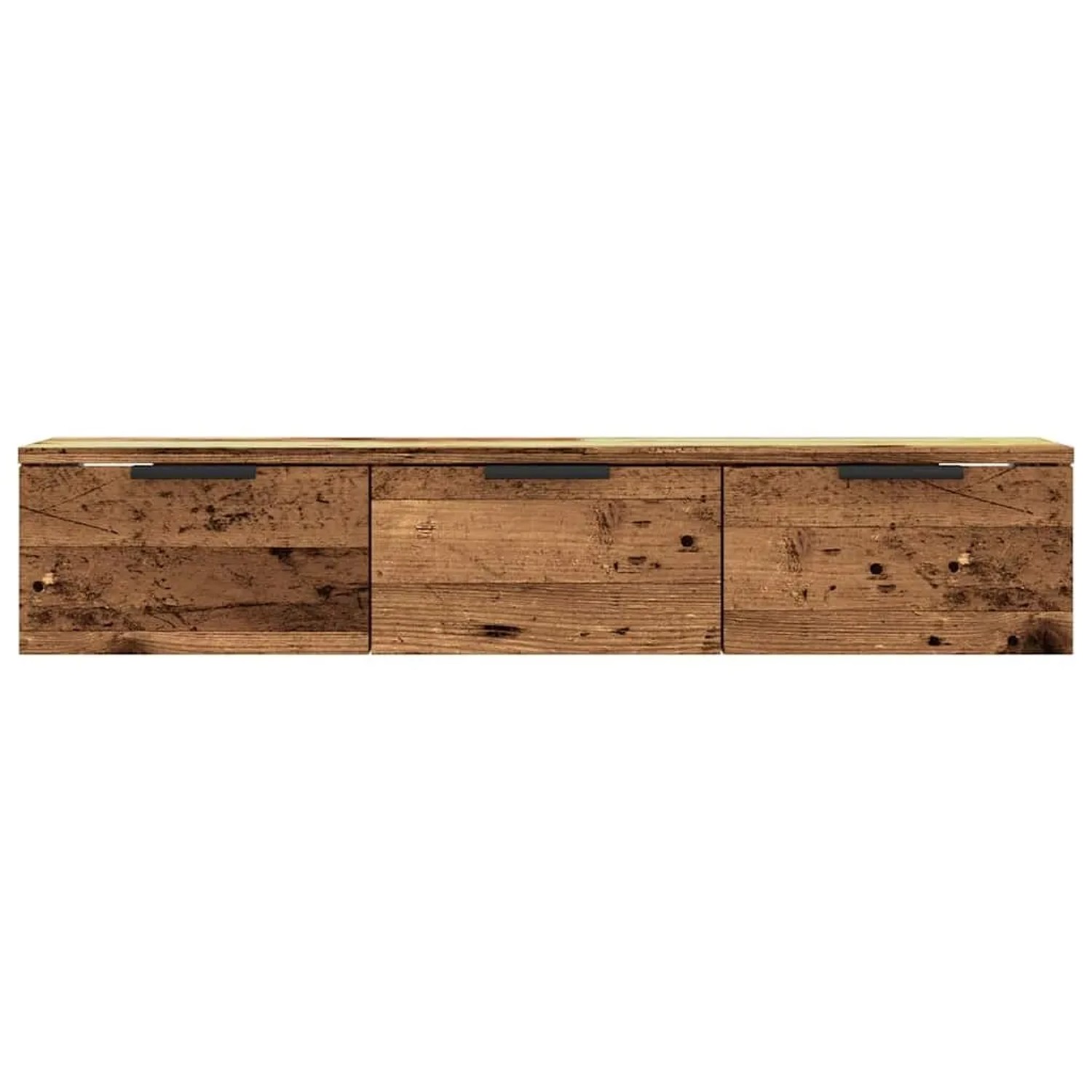 Horizontaler Wandschrank in Altholz-Optik aus Holzwerkstoff mit drei Schubladen.