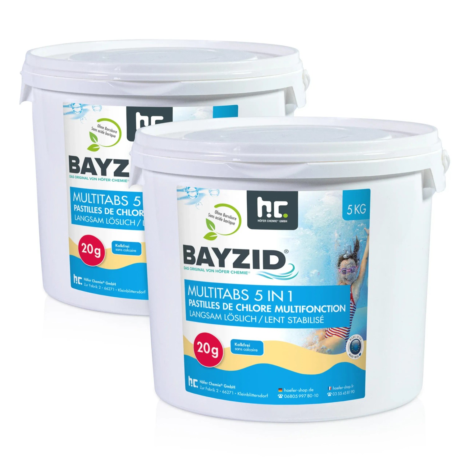 Zwei Eimer Bayzid Multitabs 20g 5in1 für Pools, je 5kg, zur Poolpflege.