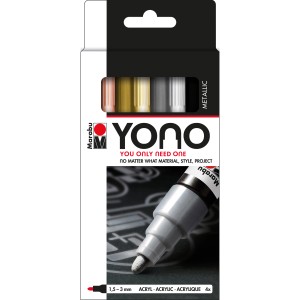 Marabu Yono Marker-Set mit 4 Stiften in Gold, Silber, Roségold und Schwarz, für Künstlerbedarf.