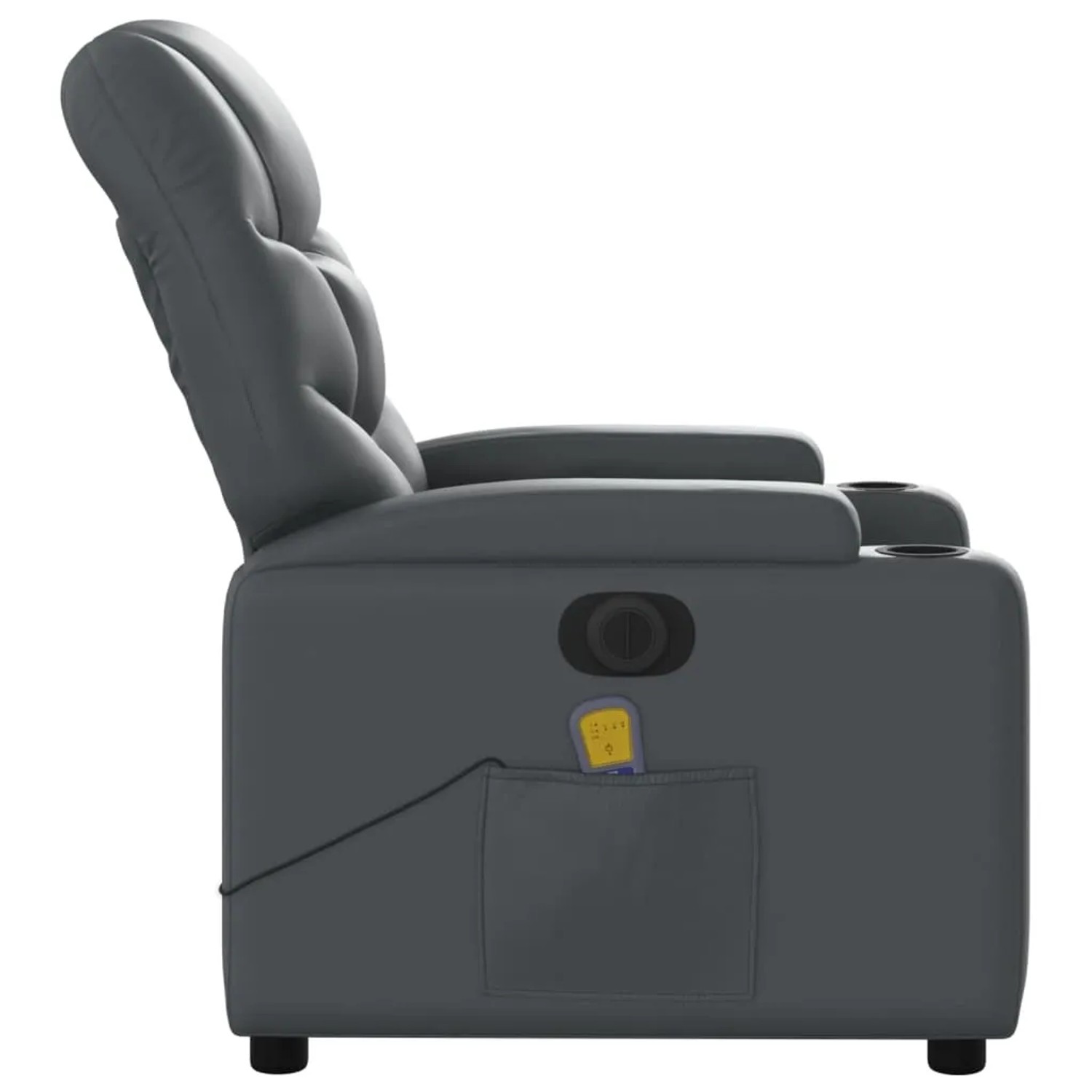 Grauer elektrischer Massagesessel aus Kunstleder mit Getränkehaltern und Fernbedienung.