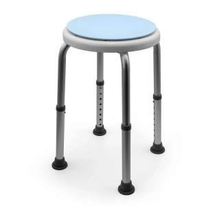 Drehbarer, höhenverstellbarer Duschhocker mit blauem Sitz und silberfarbenem Gestell.