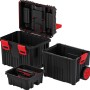 Kistenberg HEAVY Werkzeugtrolley 2 in 1, ein mehrteiliger, schwarzer Werkzeugkoffer mit roten Akzenten und Rollen.
