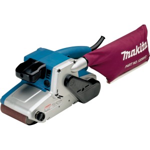Makita Bandschleifer 9404J (100mm) mit Staubbeutel, blau/silber. Leistungsstarke Schleifmaschine für Profis.
