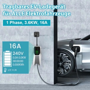 Tragbares Junsun EV Ladegerät Typ 2 (3kW, 6A-16A) beim Laden eines Elektroautos.