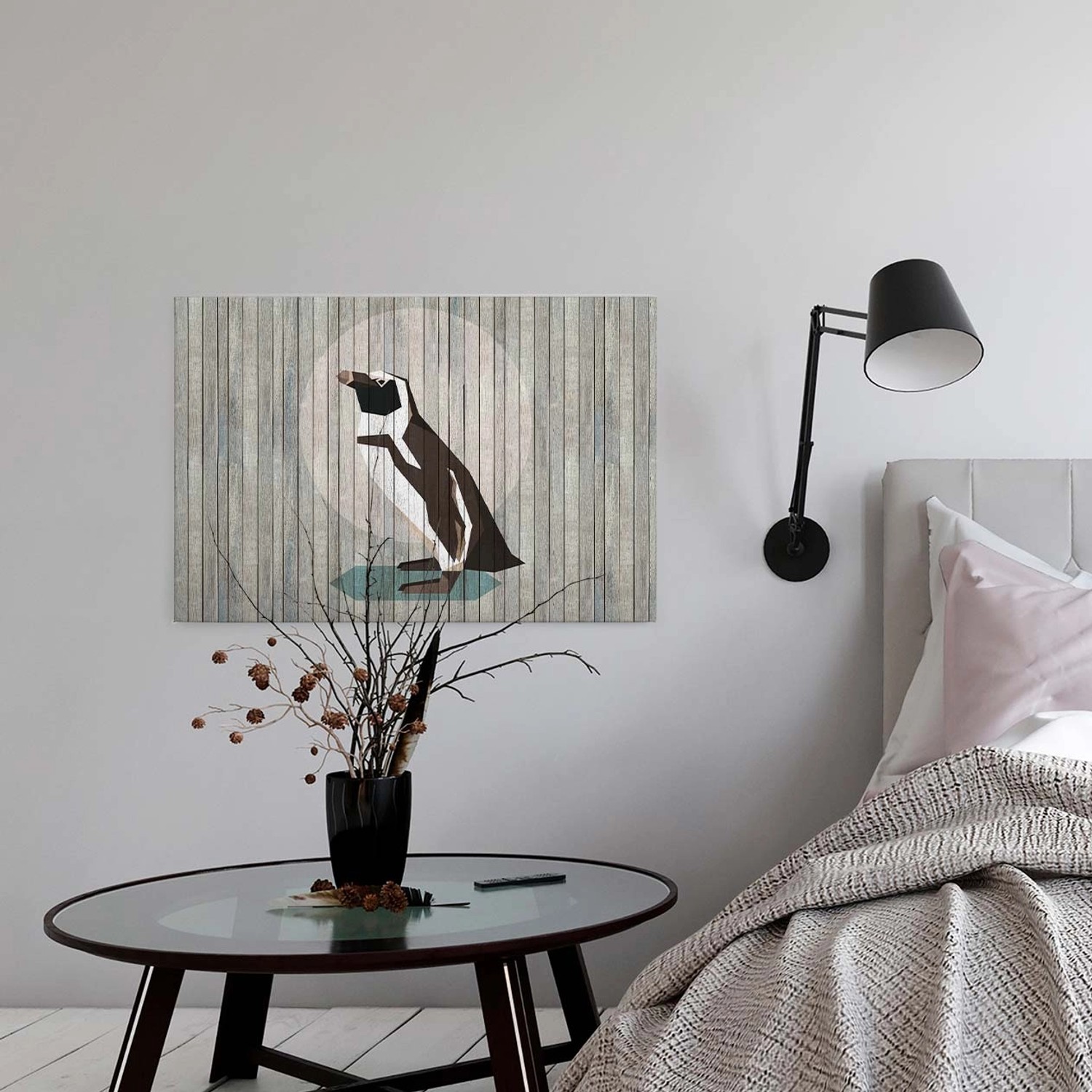 Bricoflor Pinguin Wandbild In Holz Optik Graues Leinwandbild Mit Tier Motiv Ideal Für Bade Und Schlafzimmer Modernes Hol
