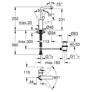 Technische Zeichnung: Grohe Lineare L-Size Waschtischarmatur, Chrom, mit Maßangaben.