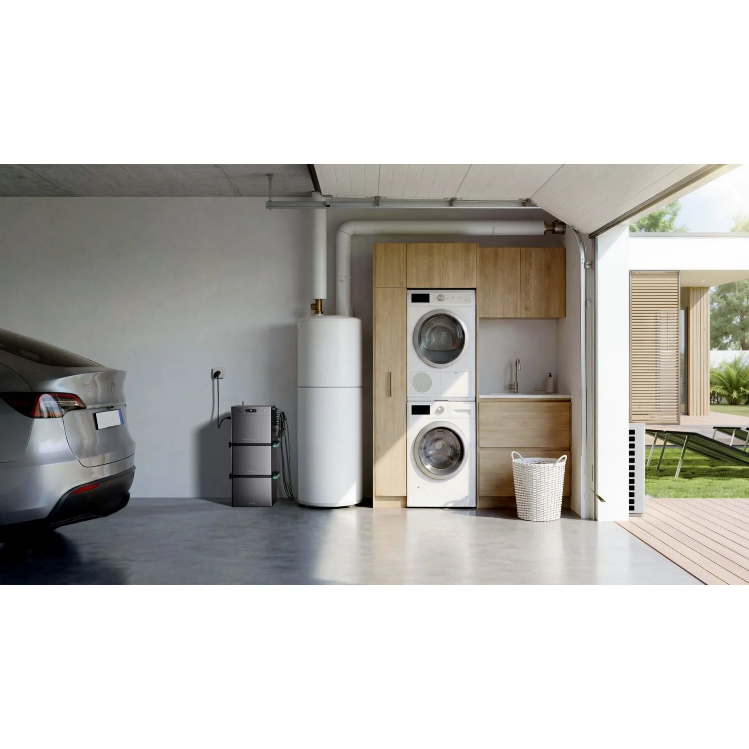 Zendure SolarFlow 2400 Pro Balkonkraftwerk mit Speicher im Hauswirtschaftsraum neben Waschmaschine und Auto.