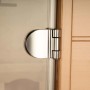 Detailaufnahme: Scharnier der Redsun Deluxe Infrarotkabine aus Tannenholz.