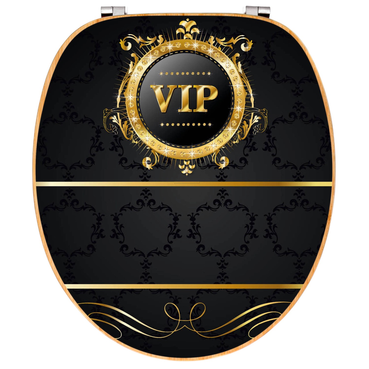 Banjado WC-Sitz Bambus mit VIP Motiv, Toilettendeckel aus Holz mit Universal Scharnieren.