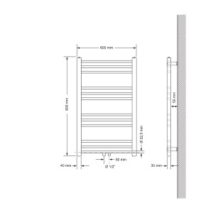 Technische Zeichnung: Weißer LuxeBath Badheizkörper, 600x800 mm, mit Maßen.