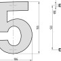 Technische Zeichnung der Hausnummer 5 von Basi aus Edelstahl, Maße und Details zur Montage.