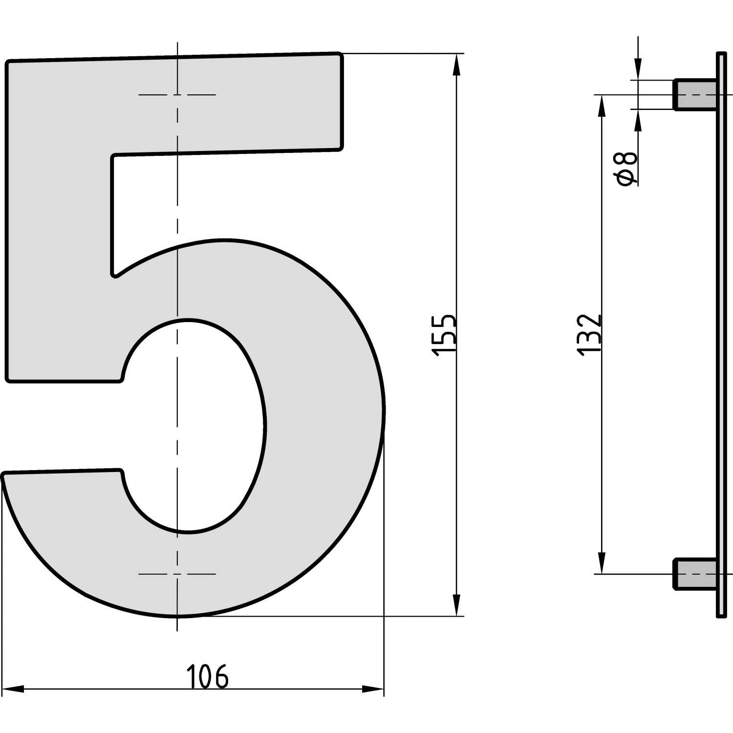 Technische Zeichnung der Hausnummer 5 von Basi aus Edelstahl, Maße und Details zur Montage.