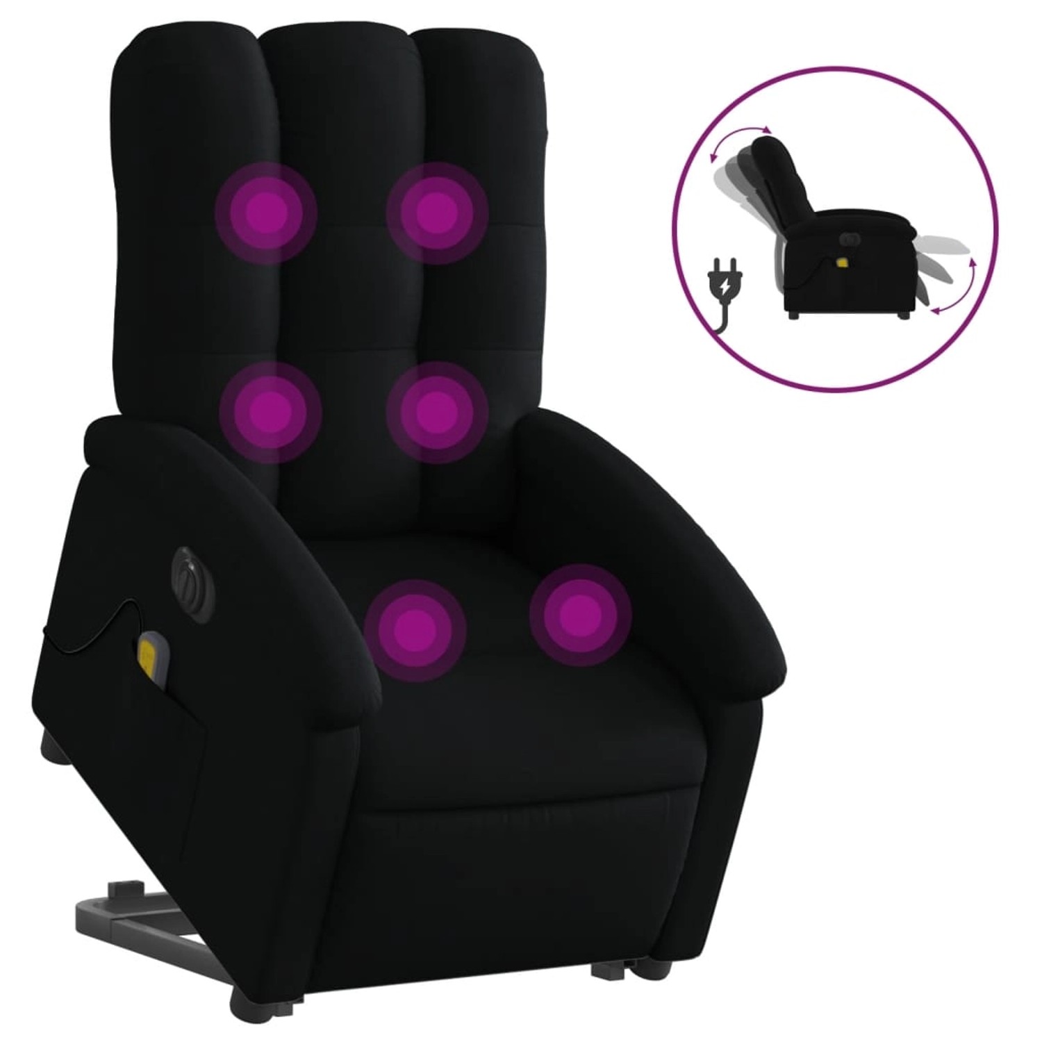 Schwarzer vidaXL Massagesessel mit Aufstehhilfe, Stoff, Modell 7. Relaxsessel mit Vibrationsmassage.