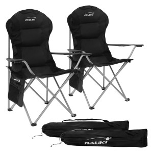 Hauki Campingstuhl 2er Set, faltbar, schwarz, mit Getränkehalter und Tragetaschen.
