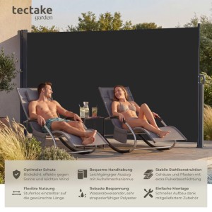 Schwarze Tectake Seitenmarkise 180x300 cm als Sicht- und Sonnenschutz im Garten.