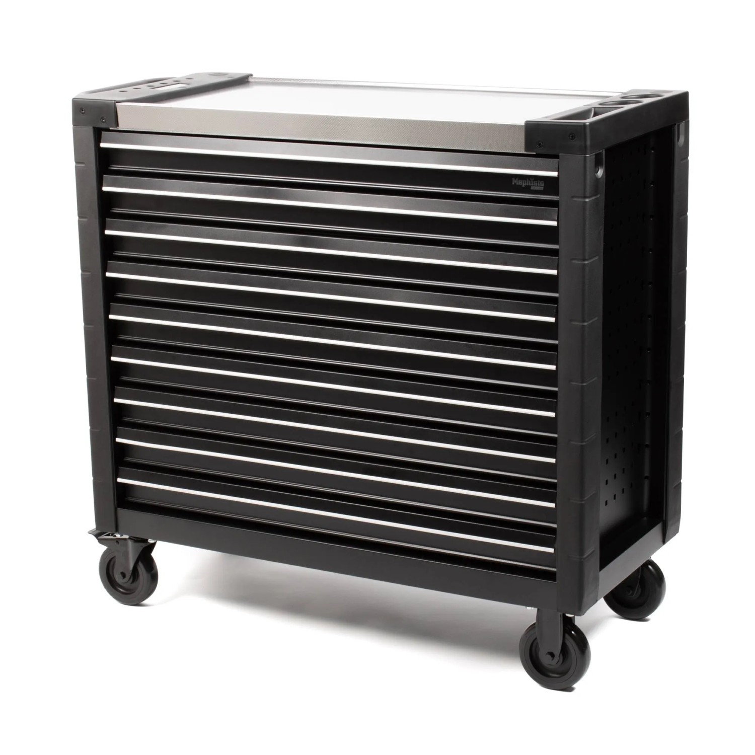 Schwarzer Mephisto Werkzeugwagen Pro-Line Big Black mit 9 Schubfächern und Werkzeug.
