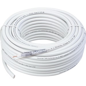 Weißes Schwaiger SAT-Koaxialkabel (25m, 115 dB) aufgerollt. Ideal für Satelliten- und Kabelfernsehen.