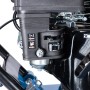 Detailaufnahme des Motors der Scheppach HP1400S Rüttelplatte. Baumaschine mit Benzintank und Bedienelementen.