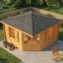 Holz-Gartenhaus Monica Royal mit Spitzdach und Anbaudach, 375x375 cm, im Garten.
