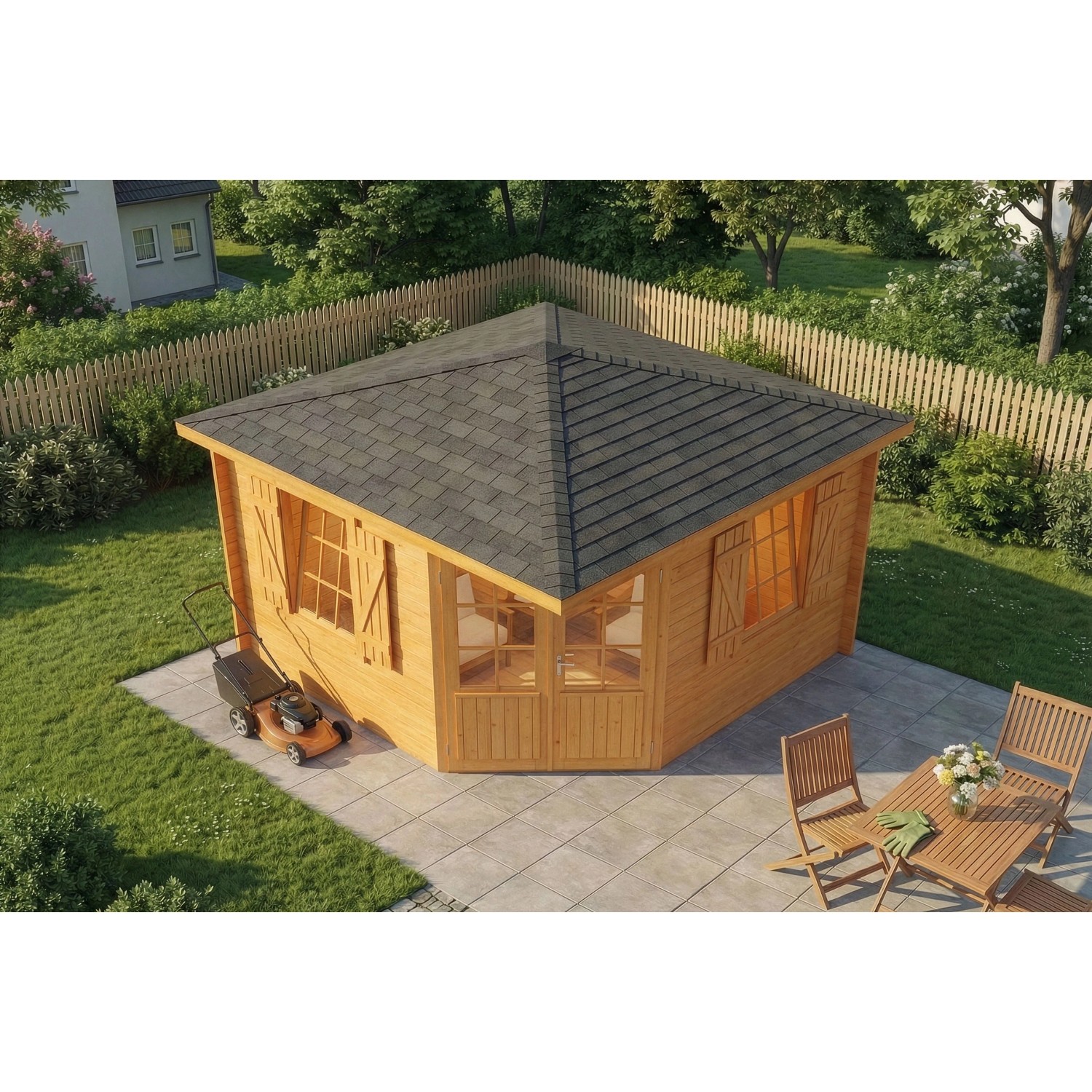 Holz-Gartenhaus Monica Royal mit Spitzdach und Anbaudach, 375x375 cm, im Garten.