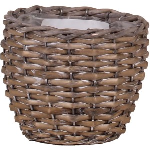 Grauer Übertopf aus Weide, Ø 14 cm, handgeflochten mit Polybeutel für Innen.