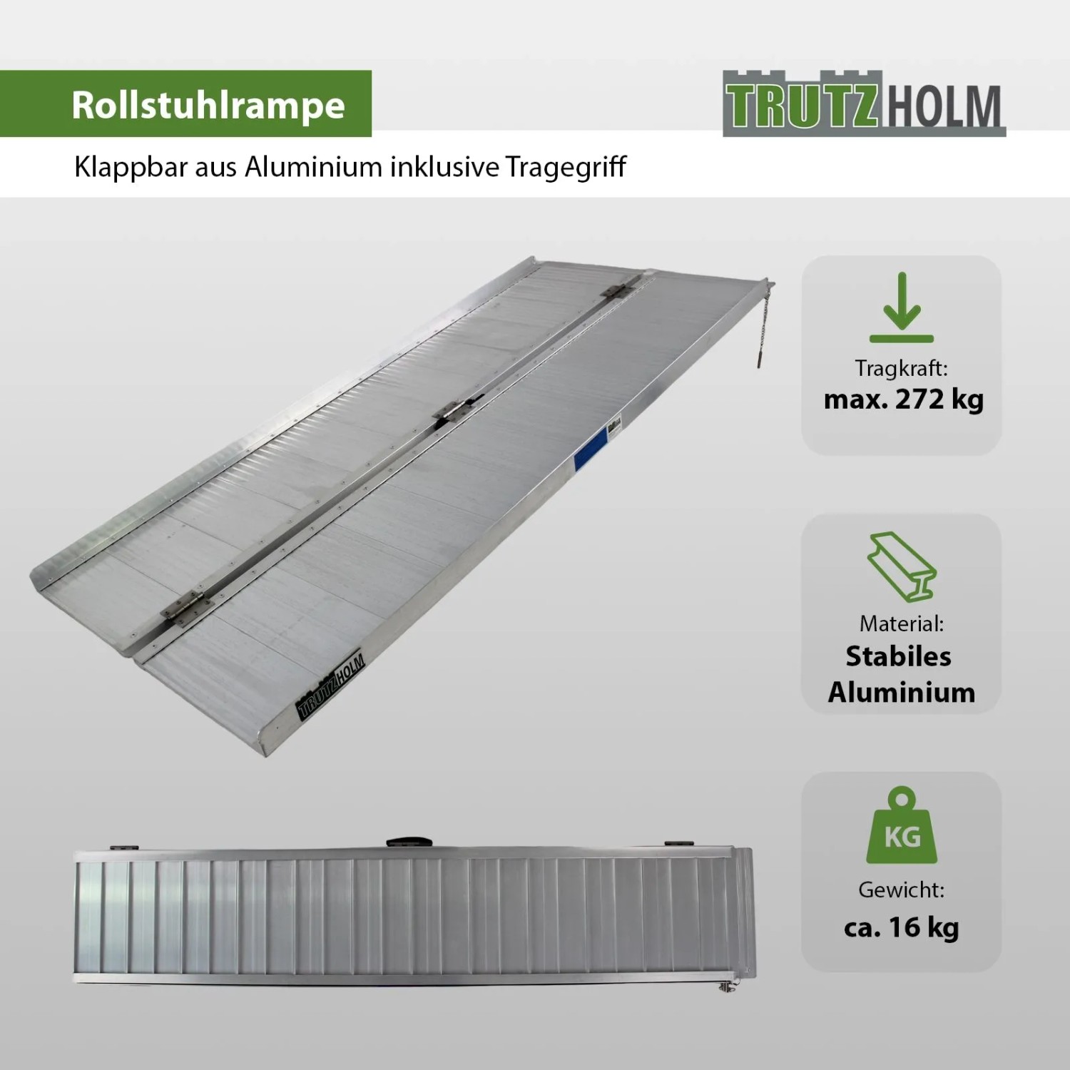 TRUTZHOLM Rollstuhlrampe, klappbar, 184 cm lang, aus Aluminium, Traglast 272 kg.