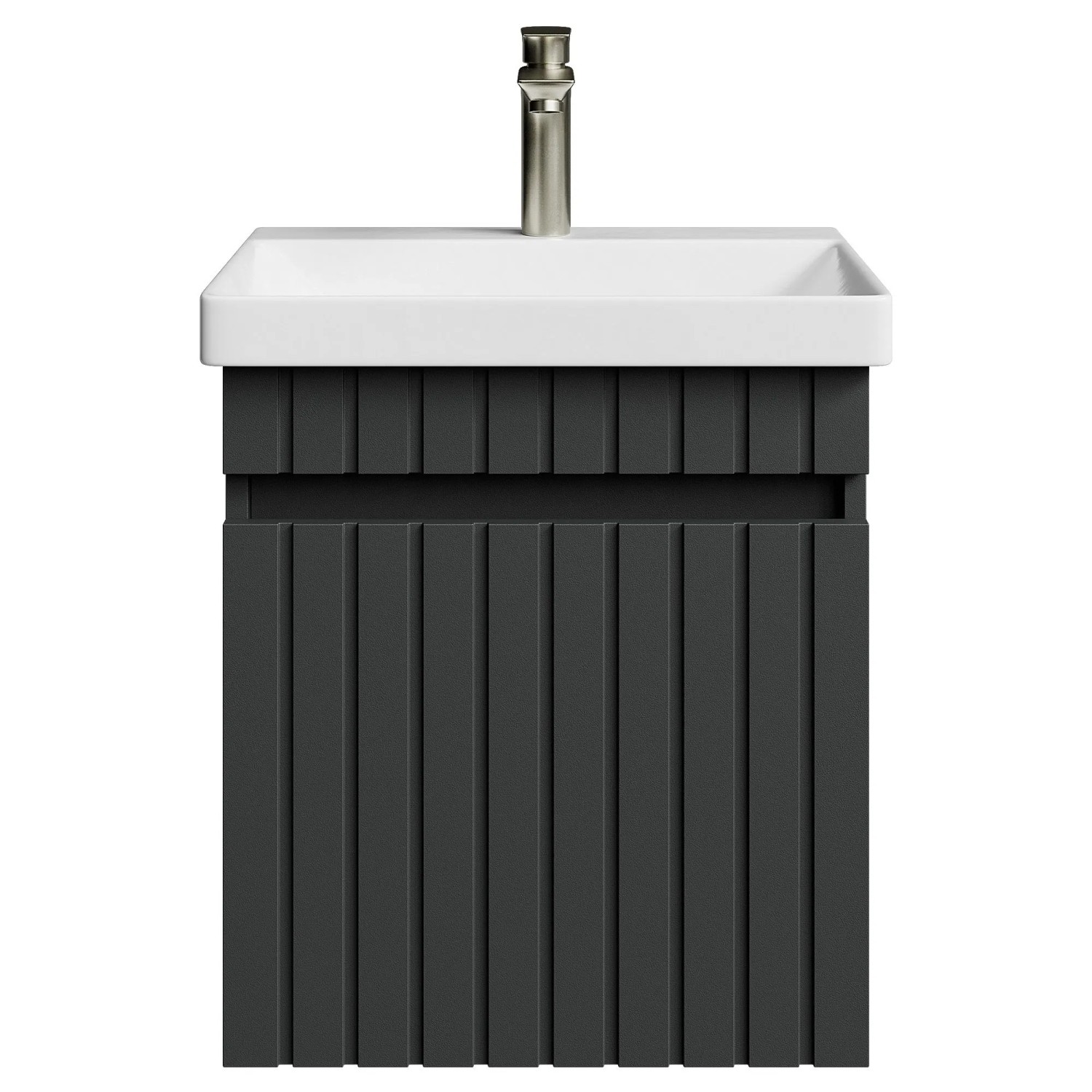 Planetmöbel COSMIA Waschtisch 50 cm Anthrazit Matt mit Keramikwaschbecken Schublade Armatur Gold Brush Soft Close