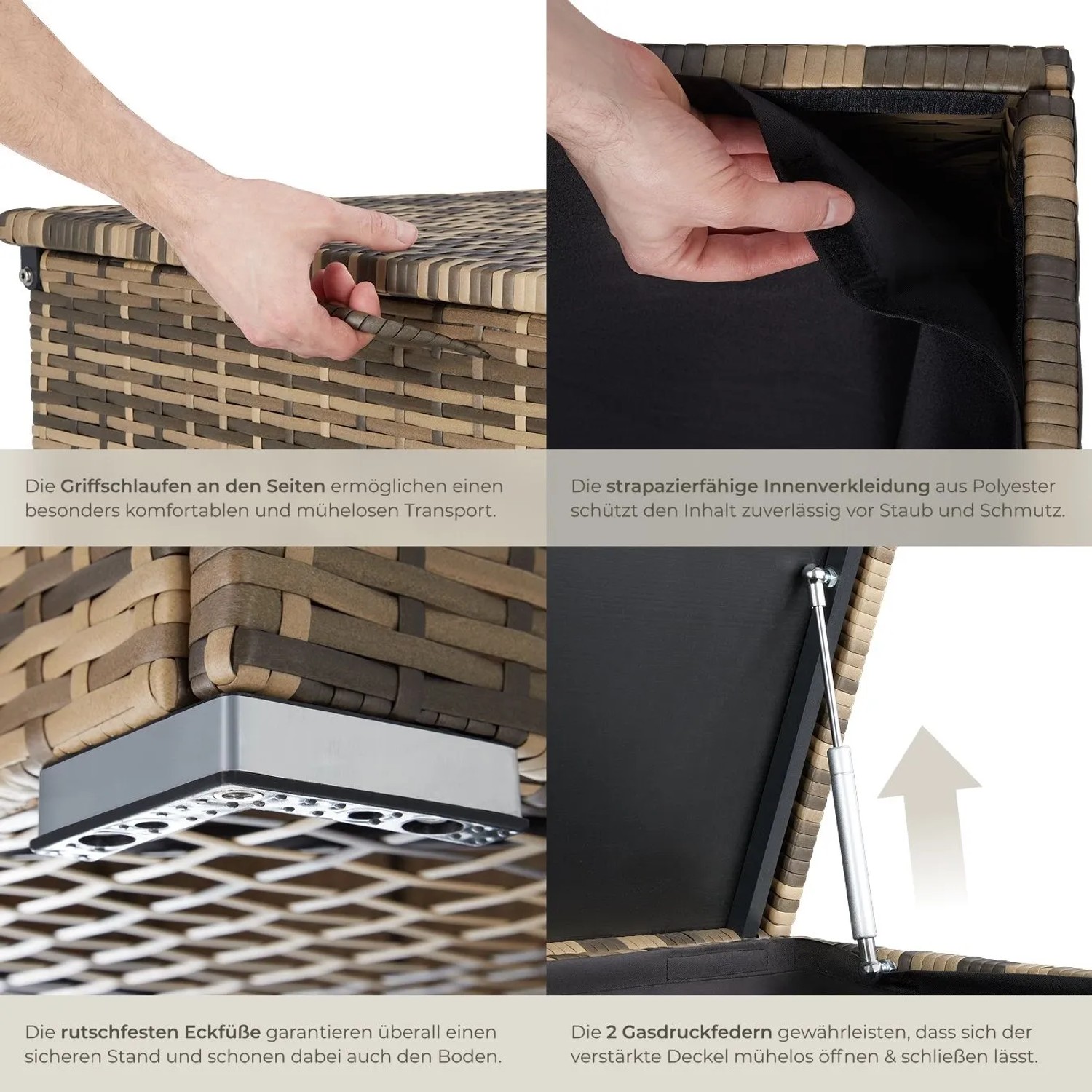 Tectake Auflagenbox Oslo 750L aus Aluminium mit Rattangeflecht, Detailansichten.