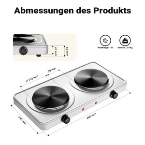 Wiltec Doppelkochplatte 2000W Kochplatte Elektrisch Gusseisen Camping Herdplatte