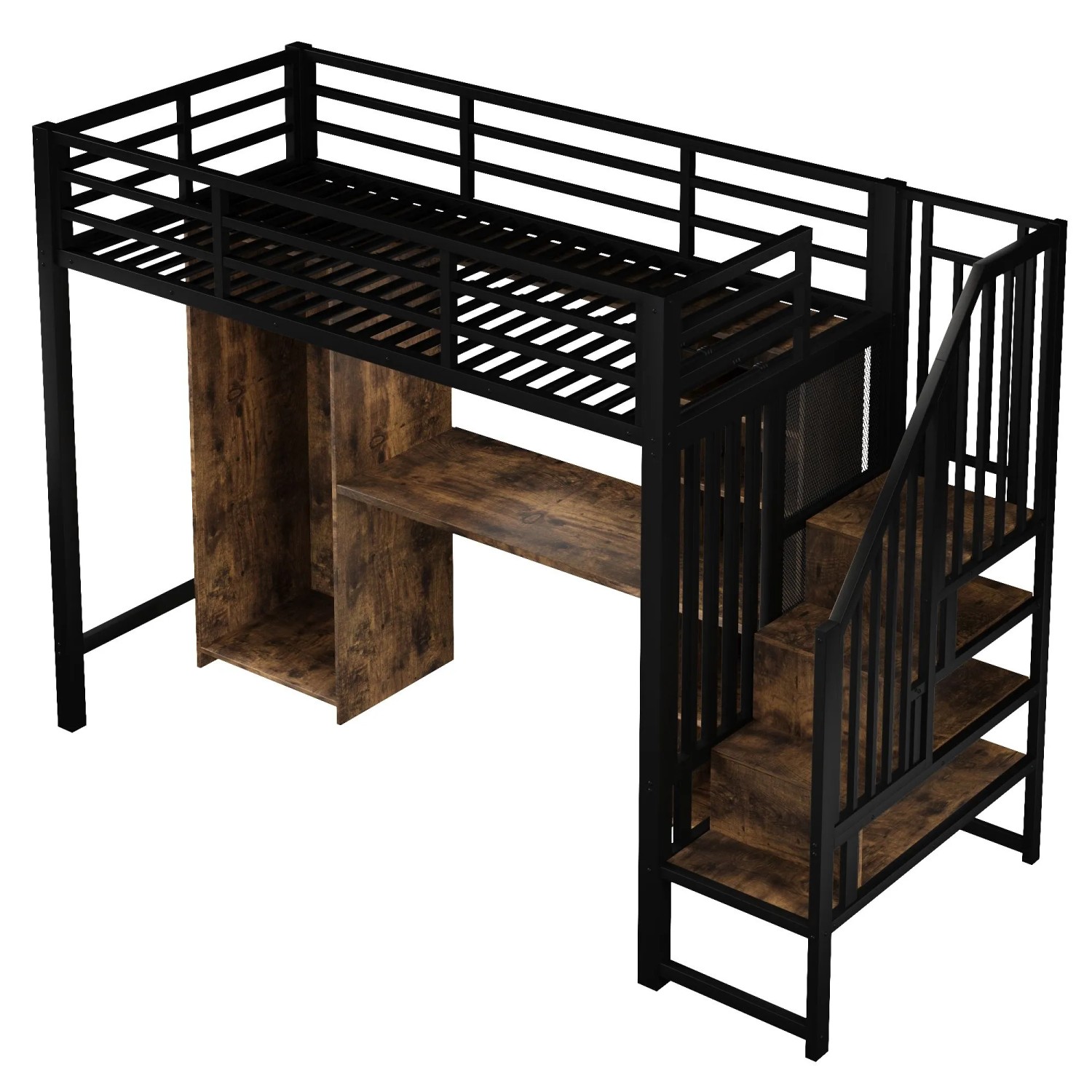 okwish Metall Hochbett 90x200cm mit Kleiderschrank Stauraumtreppe Schwarz ohne Matratze