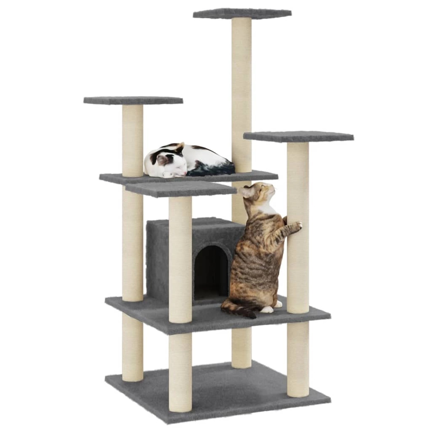 Dunkelgrauer Kratzbaum mit Sisalsäulen, Katzenhaus und mehreren Ebenen mit zwei Katzen.
