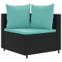 Schwarzes Ecksofa aus Rattan mit wasserblauen Kissen, Teil der vidaXL 3-tlg. Garten-Sofagarnitur.