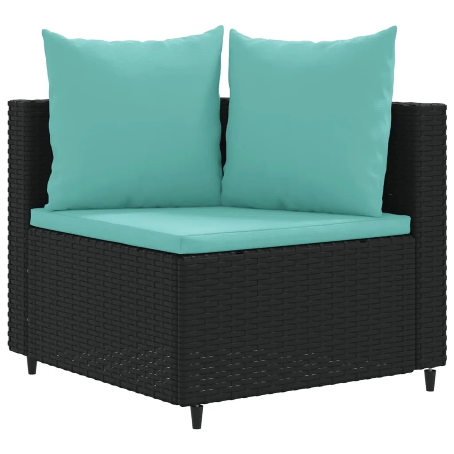 Schwarzes Ecksofa aus Rattan mit wasserblauen Kissen, Teil der vidaXL 3-tlg. Garten-Sofagarnitur.
