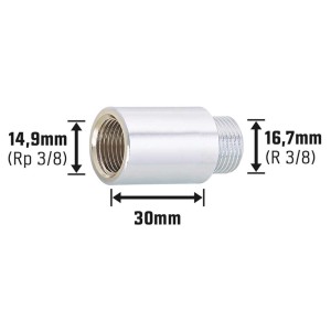 Verchromte Hahnverlängerung aus Messing, 30 mm, Gewindefitting für Wasser- und Heizungsinstallation.