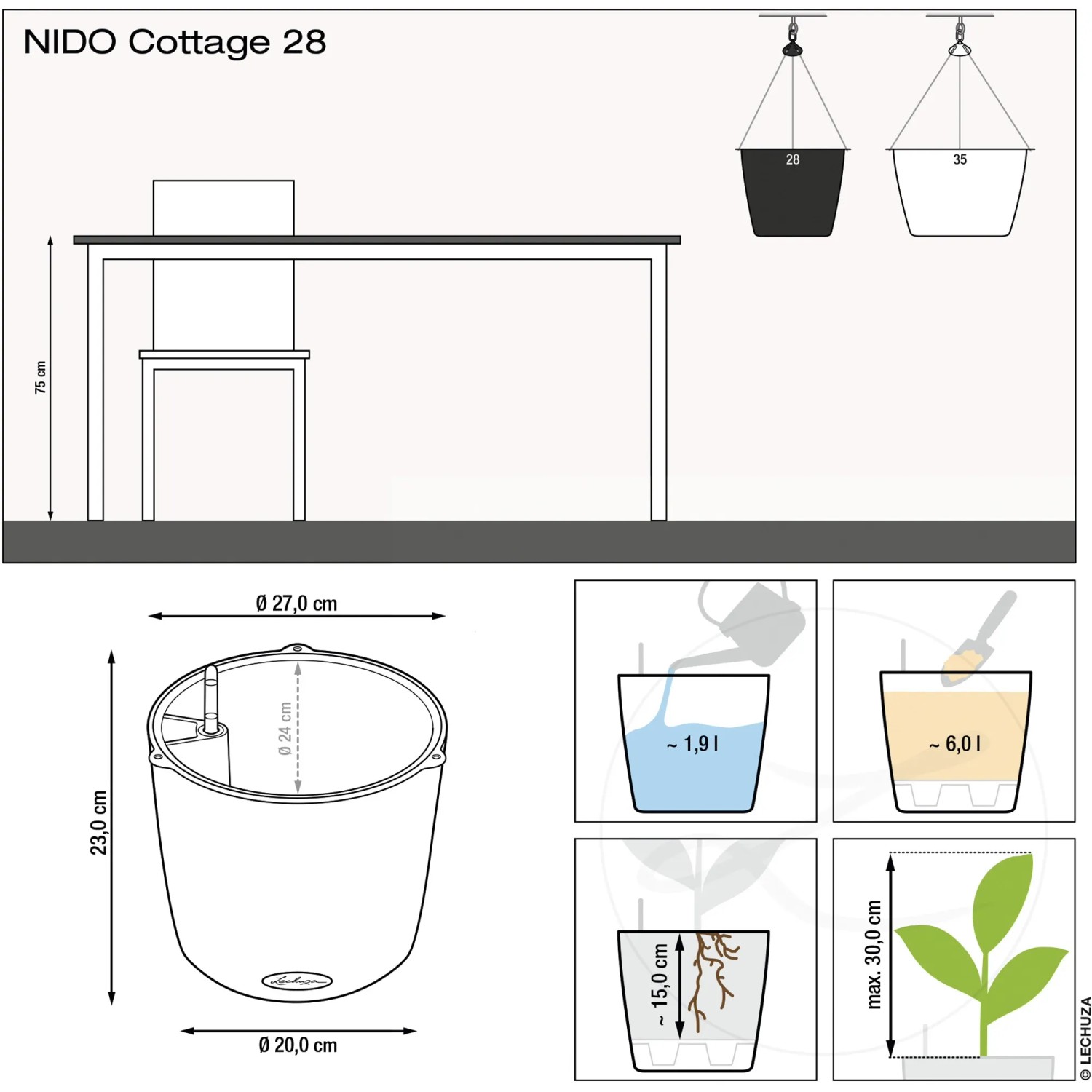 Lechuza Nido Cottage Hängeampel, Ø 27cm, Mokka, mit Maßangaben und Bewässerungshinweisen.