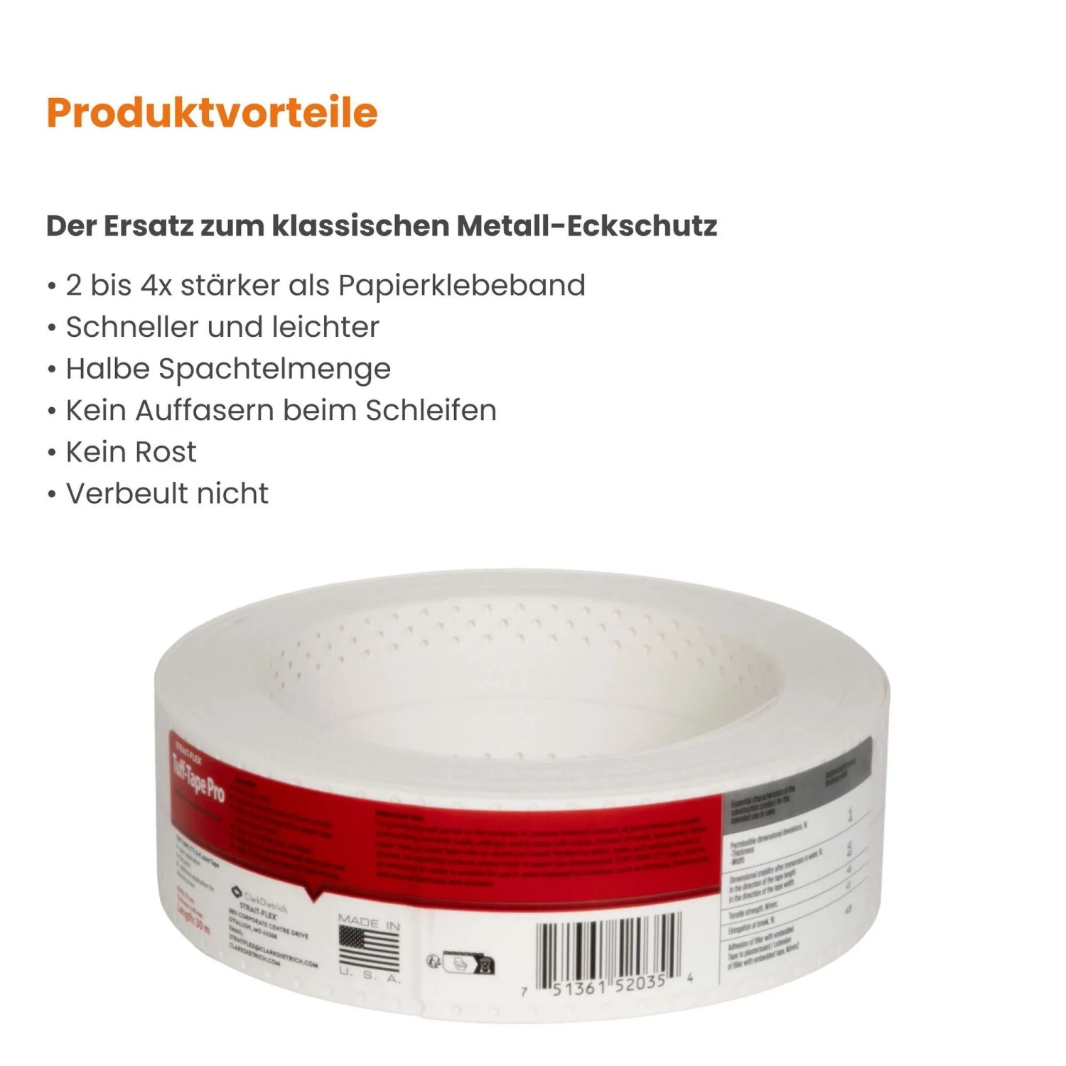 Strait-Flex Tuff Tape Pro Fugenband, 30m Rolle, weiß, gelocht, mit rotem Etikett, für Trockenbau-Eckschutz.