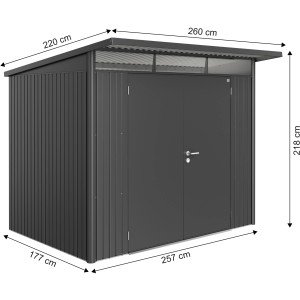 Biohort AvantGarde Gerätehaus A5, dunkelgrau-metallic, mit Doppeltür und Maßangaben.