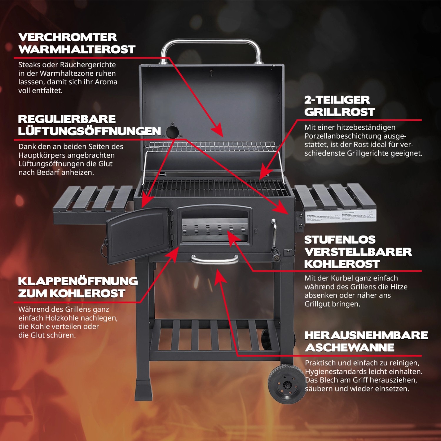 Taino Hero XL Holzkohlegrill BBQ Grillwagen Smoker Räucherofen Kohle mit Ablageflächen und Rädern.