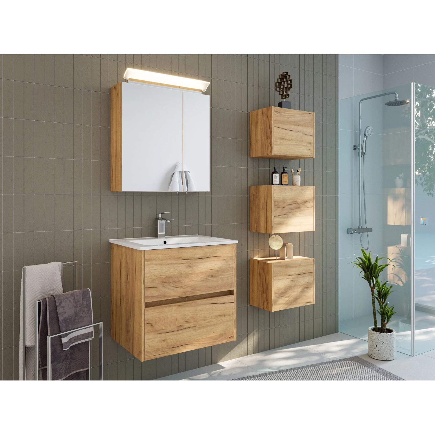 Posseik Badmöbelset Limes 60 cm Eiche Gold 5-tlg LED-Spiegelschrank