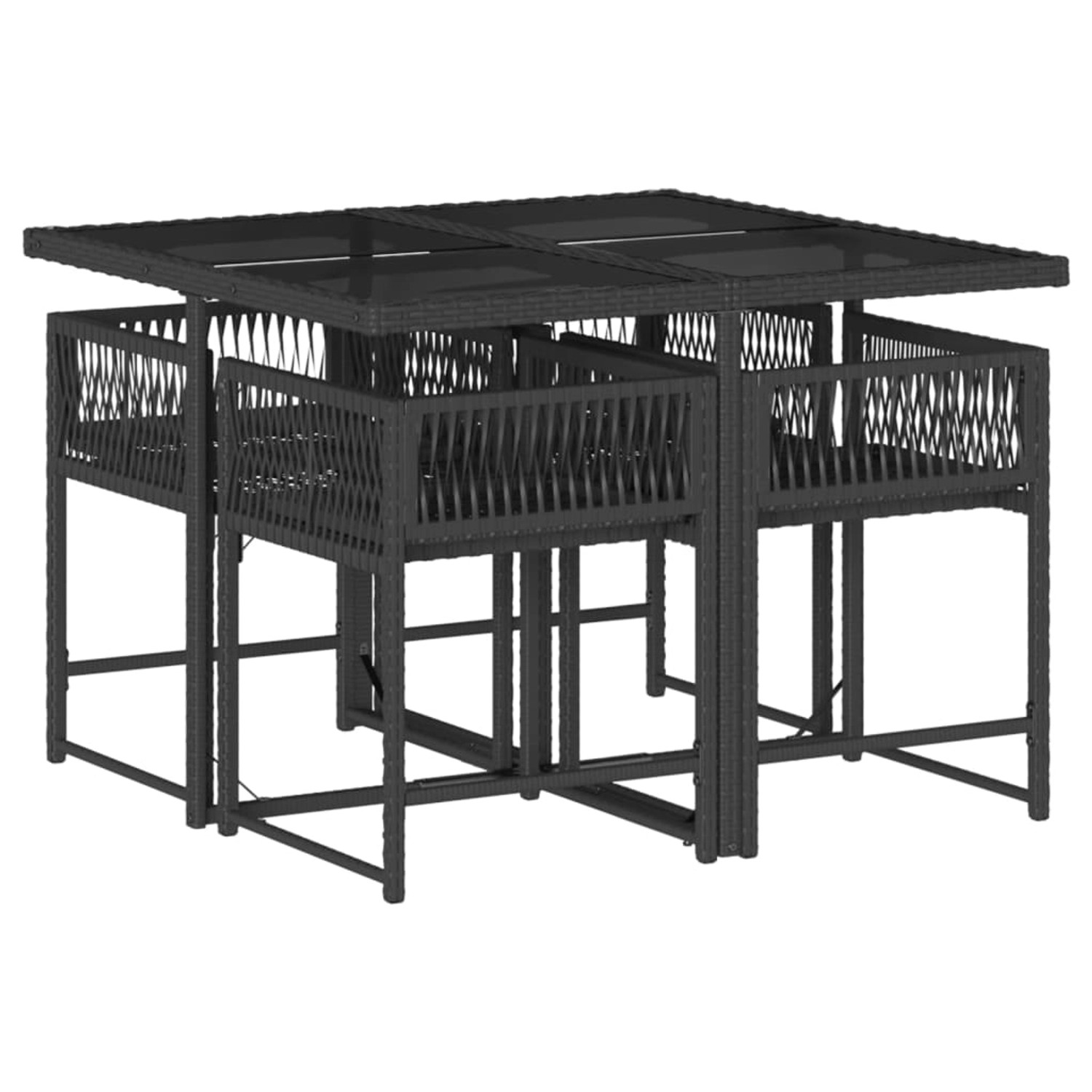 Schwarze 5-tlg. vidaXL Garten-Essgruppe aus Polyrattan mit Tisch und Stühlen.