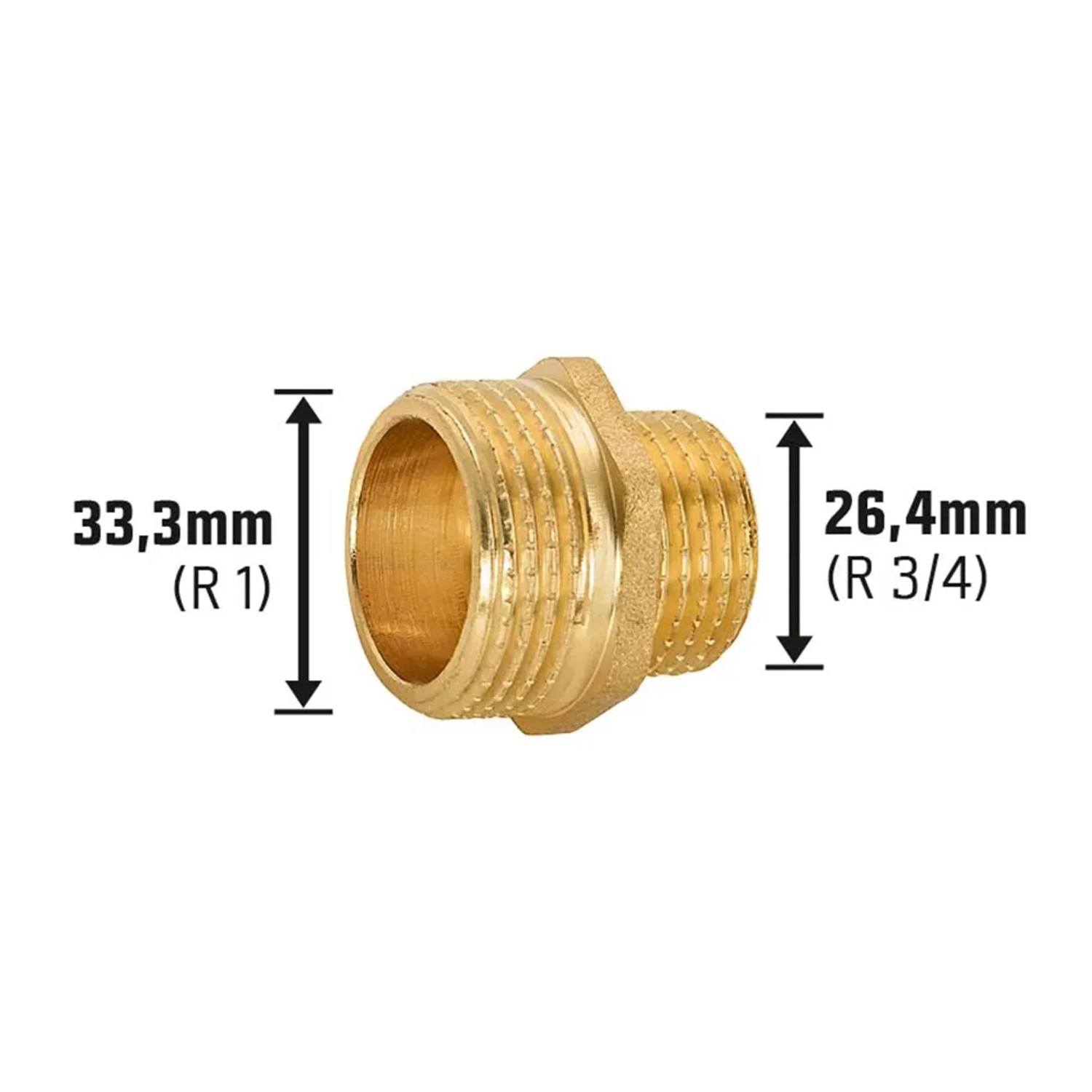 Gewinde-Reduziernippel aus Messing, 26,4 mm (R 3/4) x 33,3 mm (R 1) für Gewindefittings.