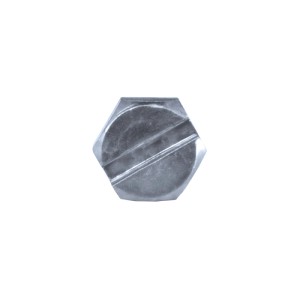 Kopf einer silbernen Edelstahl Blechschraube 4,8x13mm mit Sechskant und Längsschlitz.