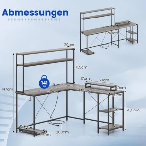 Costway L-förmiger Gaming Schreibtisch mit Monitorständer Grau